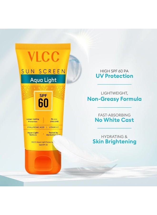 VLCC Aqua Light Sunscreen Gel SPF 60 PA++++ | High UVA & UVB Protection | Fast-Absorbing, Non-Greasy | No White Cast | Hyaluronic Acid & Vitamin C | Lightweight, Hydrating Sunscreen - 30g - Image 2